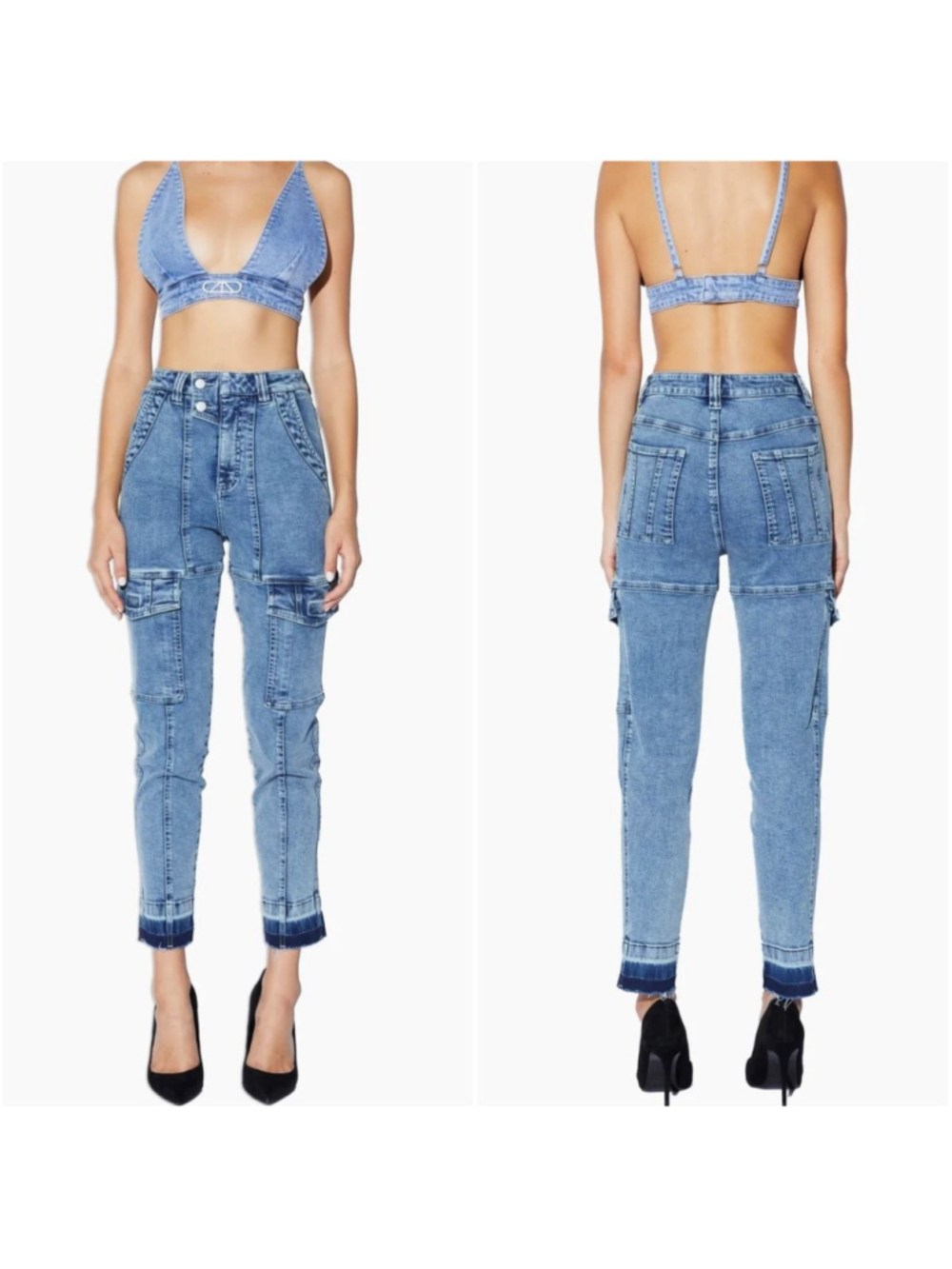 RtA Skinny Eva Slim Cargo Utility Jeans Blue Acid Wash Raw Step Hem 24